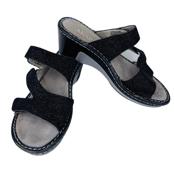 Alegria Loti Sandals 37 Black Leather Sparkle Wedge Lot 699 - Picture 1 of 14